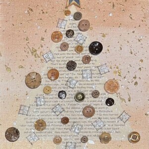 Acrylics, buttons, paper, wood, and metal on canvas board. Original measures 9x12. Christmas Story Button Tree Canvas Board, Megan Joy Chapman, Art,