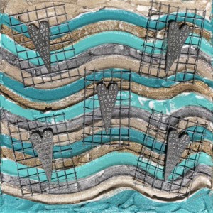 Acrylics, metal screen, metal hearts on canvas board. Measures 6x6. SOLD Fastened Hearts Canvas Board, Megan Joy Chapman, Art
