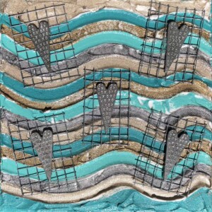 Acrylics, metal screen, metal hearts on canvas board. Measures 6x6. SOLD Fastened Hearts Canvas Board, Megan Joy Chapman, Art