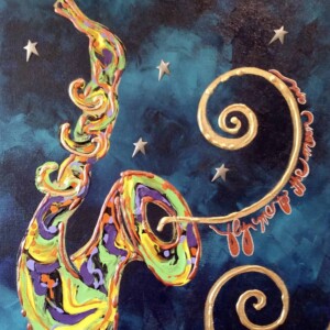 Acrylics and metal on canvas. Measures 18x24. Fly Me to the Moon Saxophone Canvas, Megan Joy Chapman, Art